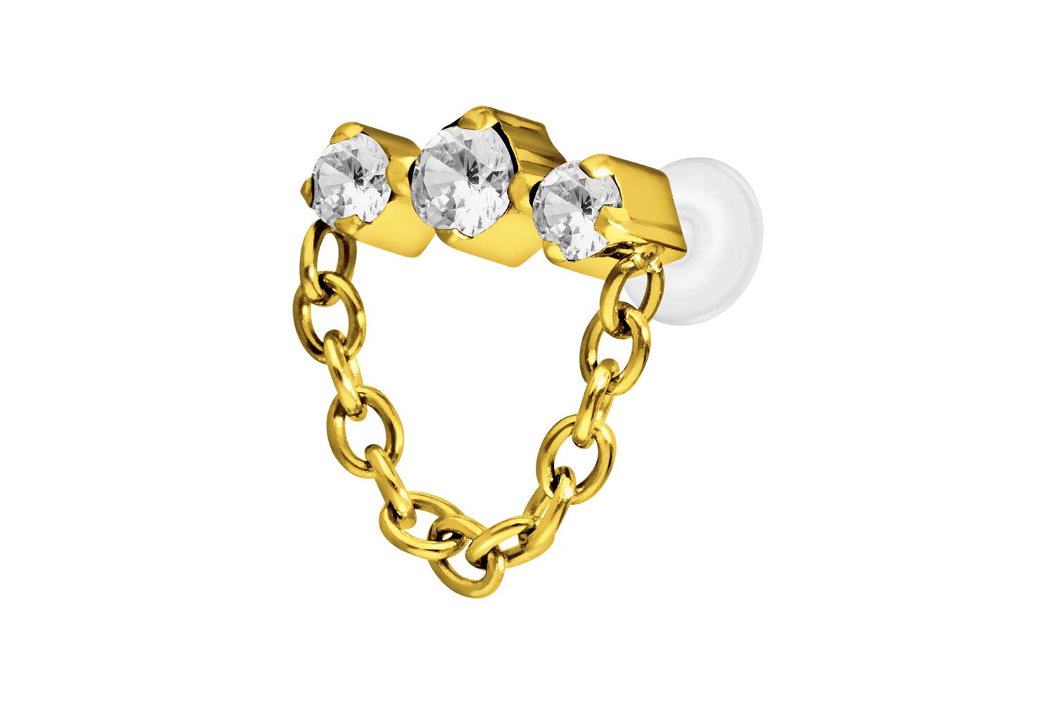 PTFE Labret Piercing mit Innengewinde + Titan-Aufsatz 3 EINGEFASSTE KRISTALLE + KETTE